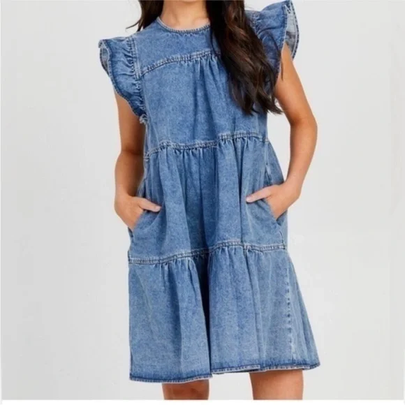 knee length dresses for ladies Women's Jellyfish A-line Fringed Denim Mini Dress S/M/L/Customize Navy MEAN  BLVD main image 1